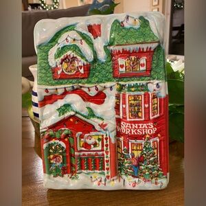 Vtg Ullman Co USA Christmas Santa’s Workshop Plastic Tin 7x9.5” MCM mid Century